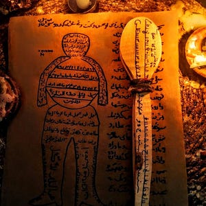 Puede incluir: Pergamino envejecido con una figura humana ilustrada y escritura, junto a una cuchara de madera con texto. El pergamino presenta una figura dibujada con órganos internos etiquetados. Una vela ilumina la escena, sugiriendo un tema místico o histórico.