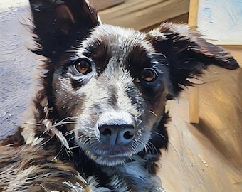 May include: A close-up oil painting of a dog with brown and white fur, brown eyes, and a black nose. The dog is looking directly at the viewer. The background is a blurred interior scene with warm tones.