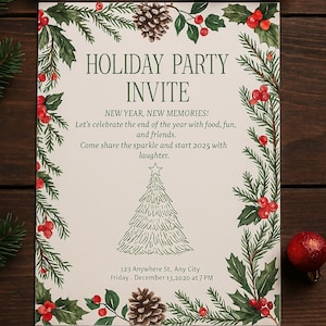 Könnte beinhalten: Einladung zur Weihnachtsfeier mit festlichem Design. Die Einladung enthält den Text "HOLIDAY PARTY INVITE" und "NEW YEAR, NEW MEMORIES!" umgeben von einem Rand aus grünen Tannennadeln, roten Beeren und Tannenzapfen. Auf einem Holzgrund.