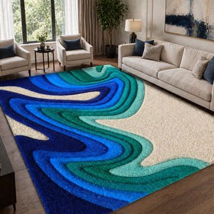 Modern Abstract Blue Green Area Rug, Tufted Wave Carpet, Luxury Living Room Rug.