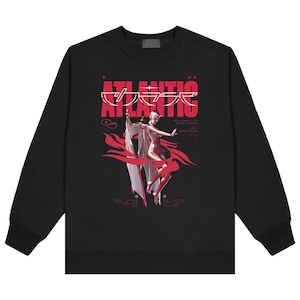 May include: Black crewneck sweatshirt with a red graphic design. The design features the word "ATLANTIC" in white and red, along with a stylized illustration of a figure with flowing fabric. The sweatshirt has long sleeves and a ribbed collar.