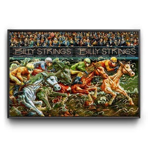 Puede incluir: Una impresión artística enmarcada que representa una carrera de caballos con jinetes con atuendos coloridos. La obra de arte presenta el texto "Billy Strings" en la parte superior, con una multitud de espectadores sobre la carrera. Los caballos están en movimiento, con una mezcla de caballos verdes, naranjas y blancos.
