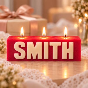 May include: A rectangular red candle featuring the white embossed letters S, M, I, T, H across the front. The candle has three lit wicks positioned along the top surface, each producing a steady flame. The wax has a smooth, solid finish.