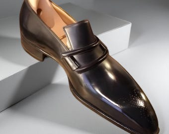 Handmade Pure Black Leather Custom made Loafer Shoes, Moccasin Slip Men's Dress