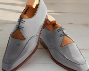 Zapatos Oxford de cuero gris con cordones para hombre, hechos a mano, para vestir formalmente.