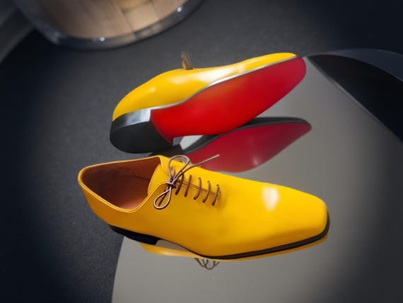 red dress and yellow shoes Red Dress With Yellow Shoes Woman In Red With High Heel Pinup Style Smiling Stock Photo