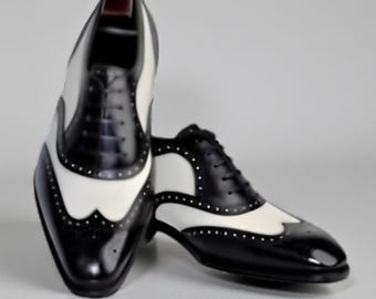 Nowe, ręcznie robione, męskie, czarno-białe, eleganckie buty typu brogsy, buty Spectator