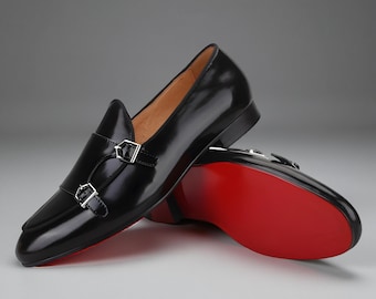 Christian Louboutin Handmade Schwarz Leder Double-Monk Belgische Loafer Rote Untere Schuhe für Herren