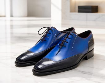 Scarpe eleganti da uomo in pelle nera e blu, fatte a mano, con chiusura stringata.