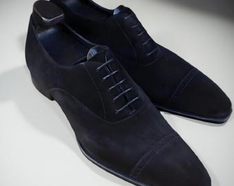Zapatos Oxford de ante negro hechos a mano para hombre, de cuero genuino, con cordones y puntera formal.