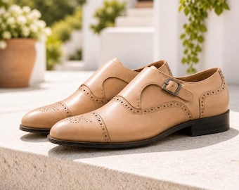 Men's Tan Leather Monk Strap Shoes, Wingtip Brogue Dress Shoes, Vintage Formal Oxford