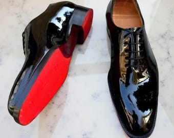 black dress shoes red bottoms Handmade Black Patient Leather Red Sole,Bottom Dress shoes For Men