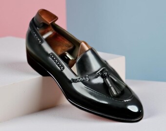 Handmade black leather dress shoes, moccasin slip ons office shoes for men’s