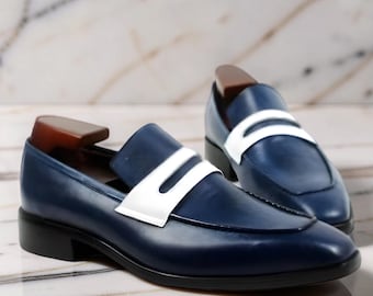Handmade Two Tone Leather Dress Shoes, Men Navy Blue Loafer Moccasins Shoes
