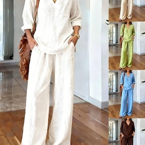 Conjunto bohemio de algodón y lino: túnica suelta con cuello en V y pantalones de pierna ancha.