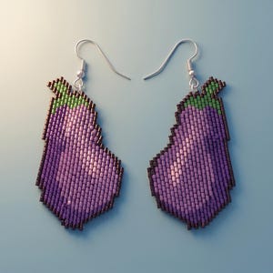 Patrón de pendientes de berenjena con cuentas / Tutorial de punto ladrillo con verduras / Joyería kawaii de comida / PDF Miyuki Delica 11/0