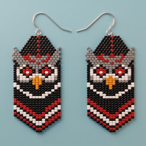 Owl Fringe Beaded Earrings Pattern | Woodland Gothic Bird Brick Stitch Tutorial | Miyuki Delica 11/0 PDF