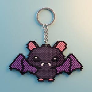 Padrão de chaveiro de morcego medieval fofo | Miçangas de morcego vampiro | Tutorial de ponto tijolo roxo de Halloween | Miyuki Delica 11 | Download digital