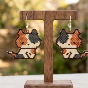 Calico Cat Beaded Earrings | Seed Beads pattern PDF | Animal Brick Stitch | Miyuki Delica 11/0 Color | Handmade Beading Jewelry Tutorial
