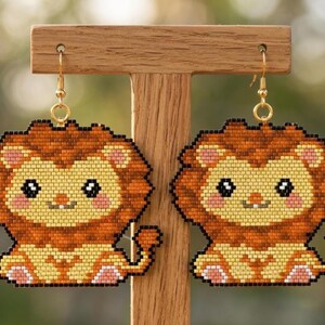 Cute Lion Pattern Brick Stitch Bead Earrings| Kawaii Bead Chart| Pixel Bead Pattern| Miyuki Delica PDF| DIY Bead Tutorial Instant Download