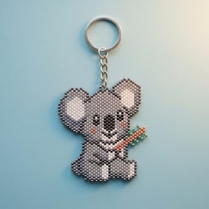 Può includere: Un portachiavi di perline a forma di koala, realizzato con piccole perline grigie, bianche e nere. Il koala presenta grandi orecchie, un naso nero e guance rosa, mentre tiene in mano un piccolo ramo di colore verde e arancione.