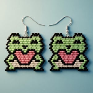 May include: A pair of dangle earrings crafted from small square beads in a pixel art style. Each earring features a light green frog with black outlines, holding a pink heart against its chest, suspended from silver-toned metal earring hooks.