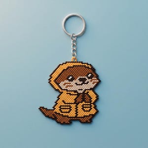 May include: A beaded keychain featuring a brown otter wearing a yellow hooded raincoat. The otter has a white face, black eyes, and a small black nose. The figure is attached to a silver-toned metal split ring by a short silver chain.