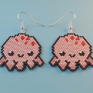 Pink Octopus Beaded Earrings Pattern | Brick Stitch Kawaii Animal Design | Miyuki Delica 11/0 | PDF Instan Dowonload