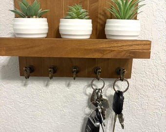 Acacia Wood Wall Key Holder, Mail Organizer Shelf, Farmhouse Entryway Storage decor