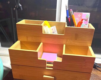 Bamboo Desk Organizer with Drawer and Pencil Holder, Pen Storage for Office and Home