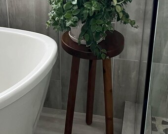 Teak Wood Plant Stand, Round Wooden Accent Stool, Side Table for Indoor Plants