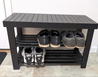 3 Tier Bamboo Shoe Rack Bench, Entryway Storage Organizer, Black Finish Shoe Holder