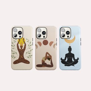 May include: Three phone cases with yoga-themed designs. The first case is off-white with a figure in a yoga pose, a yellow sun, and green leaves. The second case is tan with a yoga pose and brown circles. The third case is light blue with a yoga pose and a crescent moon.