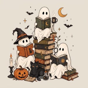 May include: Three white ghosts reading books while sitting on a stack of vintage-style hardback books. A black cat, a carved jack-o'-lantern, a lit candle, a small glass potion bottle, bats, and a crescent moon are arranged around the ghosts.