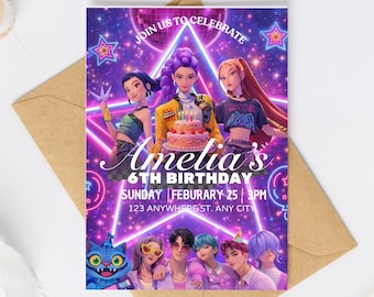 K Pop Hunter Birthday Invitation Editable Template Kpop Anime Theme Digital Download Kpop Birthday invite for Kids, kpop huntrix demon