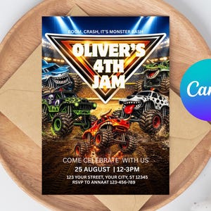 Può includere: Un colorato invito per la festa del 4° compleanno di Oliver. Il design presenta monster truck in azione, con il testo "OLIVER'S 4TH JAM". L'invito include data, ora e informazioni RSVP.