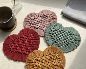 Handmade Macrame Heart Coaster | Boho Cotton Coaster Set