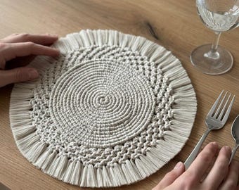 Set of Handmade Round Macrame Placemats – Boho Cotton Rope Table Decor