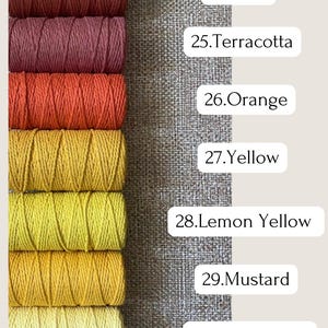 May include: A color palette of spools of macrame cord in shades of brick, terracotta, orange, yellow, lemon yellow, mustard, and pale yellow. The colors are displayed next to a textured gray fabric background with corresponding color labels.