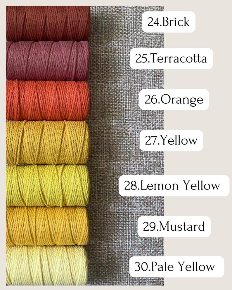 May include: A color palette of spools of macrame cord in shades of brick, terracotta, orange, yellow, lemon yellow, mustard, and pale yellow. The colors are displayed next to a textured gray fabric background with corresponding color labels.