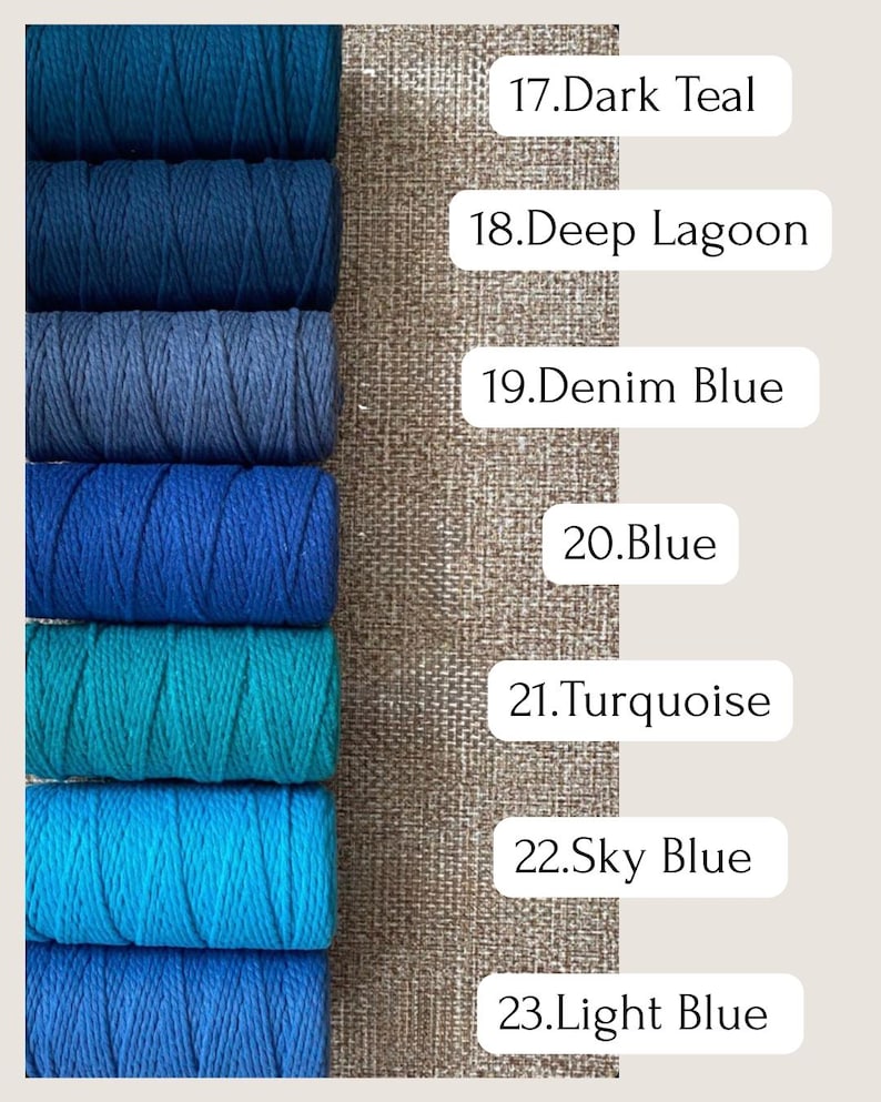 May include: A selection of blue and teal macrame cord spools. The colors range from dark teal to light blue, with labels indicating each shade: Dark Teal, Deep Lagoon, Denim Blue, Blue, Turquoise, Sky Blue, and Light Blue.