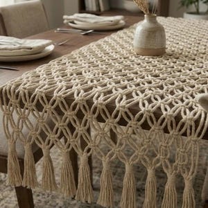 Macrame Table Runner, Boho Dining Accent, Cotton Woven Centerpiece, 35" 63" 71"