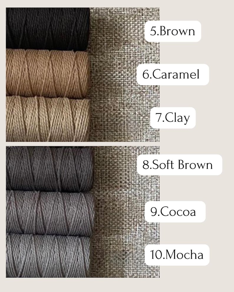 May include: Close-up of spools of twine in various shades of brown, including black, caramel, clay, soft brown, cocoa, and mocha. A textured fabric sample is next to the spools, with the color names labeled.
