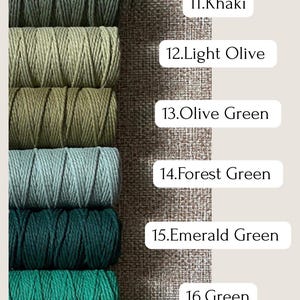 May include: A selection of spools of macrame cord in various shades of green, including Khaki, Light Olive, Olive Green, Forest Green, Emerald Green, and Green. The color names are displayed on the right side of the image.
