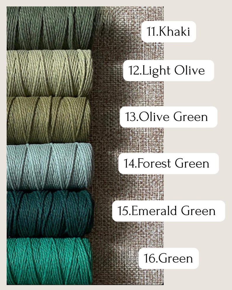 May include: A selection of spools of macrame cord in various shades of green, including Khaki, Light Olive, Olive Green, Forest Green, Emerald Green, and Green. The color names are displayed on the right side of the image.