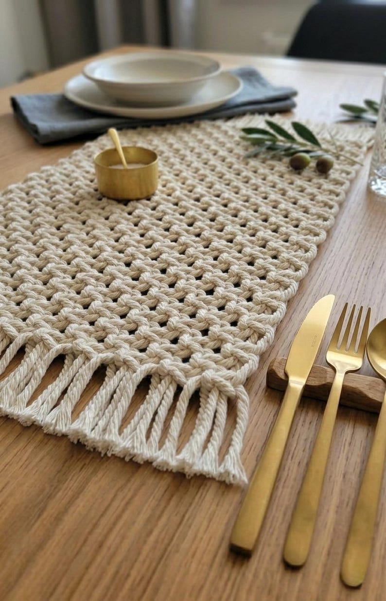 May include: A beige macrame table runner with a fringed edge, set on a wooden table. Gold-colored flatware and a small bowl with a spoon are also present. The runner is approximately 12 inches wide.