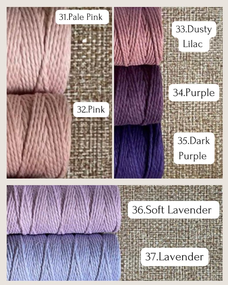 May include: Close-up of several bundles of colorful macrame cord in shades of pink, purple, and lavender. Each bundle is labeled with a color name, including Pale Pink, Pink, Dusty Lilac, Purple, Dark Purple, Soft Lavender, and Lavender.