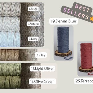 May include: Image showcasing a selection of macrame cord in various colors. The image includes spools of beige, natural, ivory, clay, light olive, olive green, denim blue, and terracotta cords. The text "BEST SELLERS" is displayed.