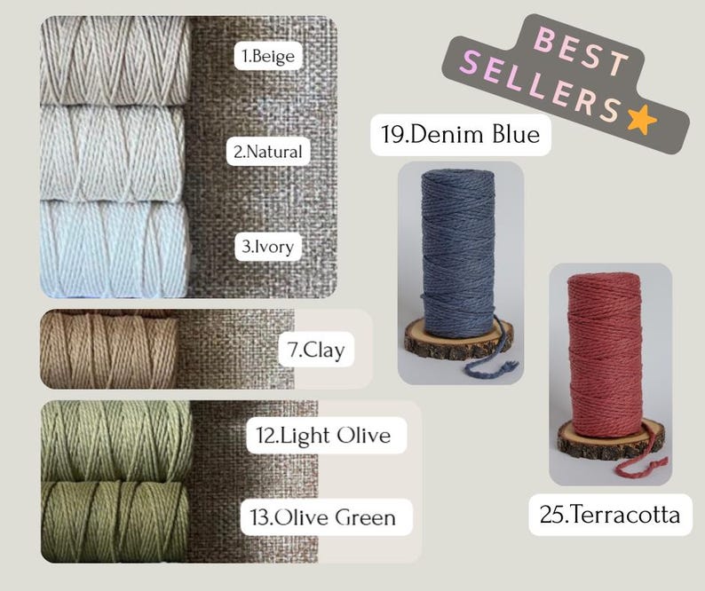 May include: Image showcasing a selection of macrame cord in various colors. The image includes spools of beige, natural, ivory, clay, light olive, olive green, denim blue, and terracotta cords. The text "BEST SELLERS" is displayed.