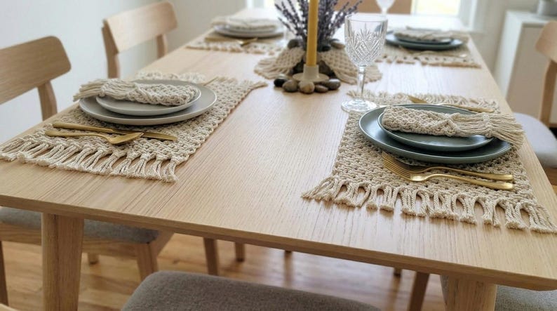 May include: A light wood dining table set for a meal. Each place setting includes a woven placemat with fringe, a plate, a napkin, and gold-colored cutlery. The table is decorated with a candle and a vase of dried flowers.